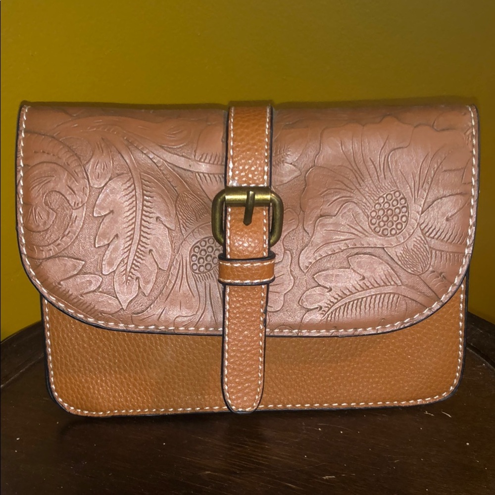Embossed Brown Faux Leather Crossbody Bag